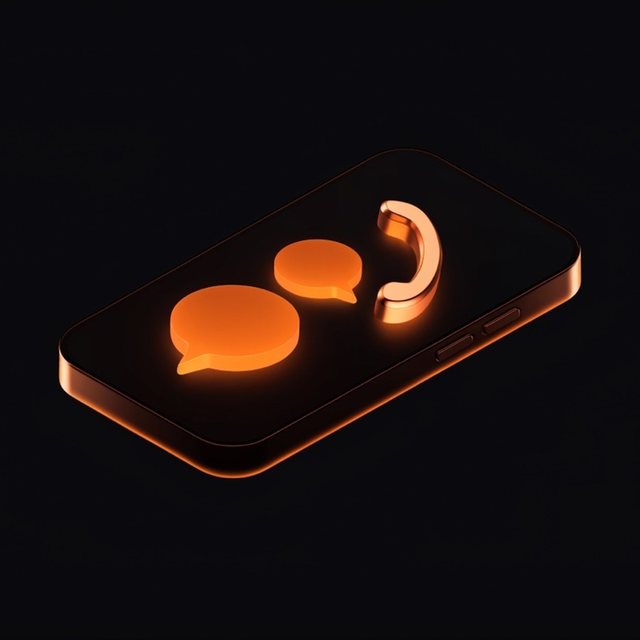 Smartphone com balões de chat e telefone — fale com a Orion
